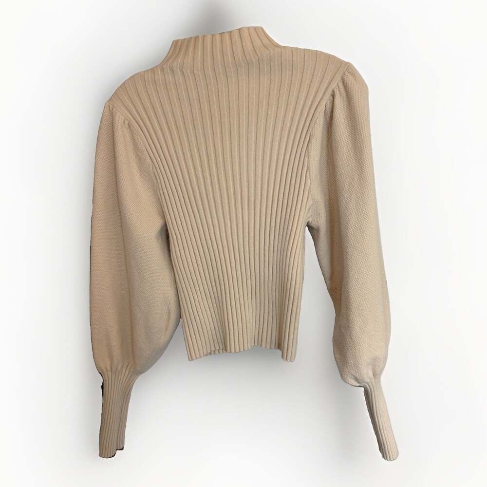 Beige Botany Women's Cream Ribbed Knit Mock Neck Balloon Sleeves Cropped S-